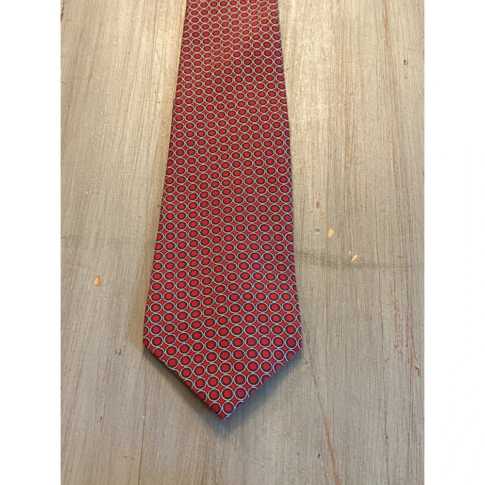 Lauren Ralph Lauren Mens Red Navy Blue Geometric Circle Silk Necktie Made in USA